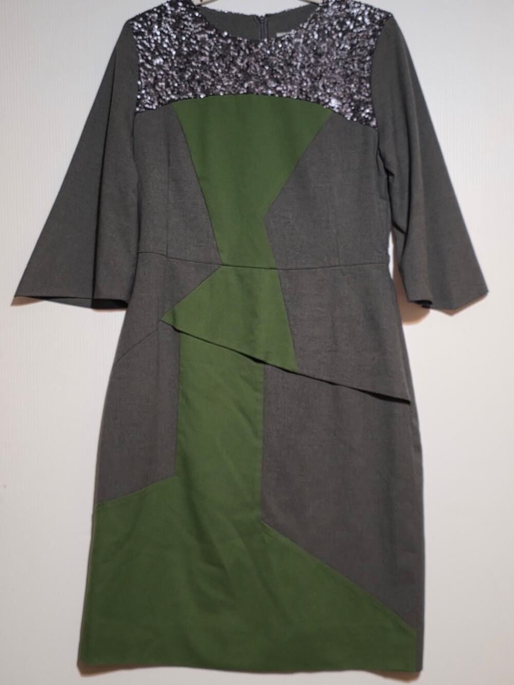 Endehor Haute Couture Size 40 Silk Sequin Gray Green Colorblock Dress Shift